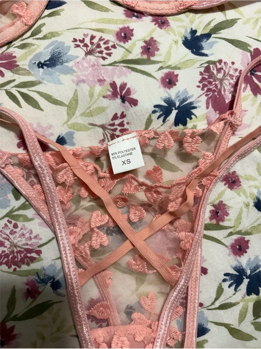 Floral hearts pink embroidered sheer lingerie set